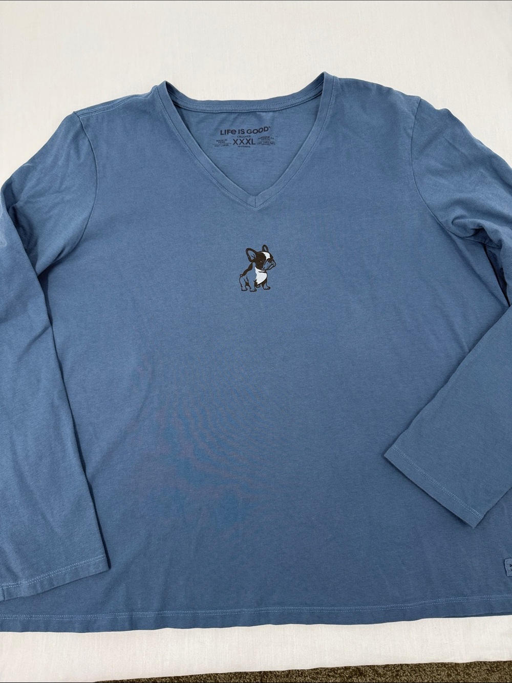 Life Is Good Shirt Wm XXXL Blue V-Neck Long Sleeve Crusher Tee Frenchie Dog Plus